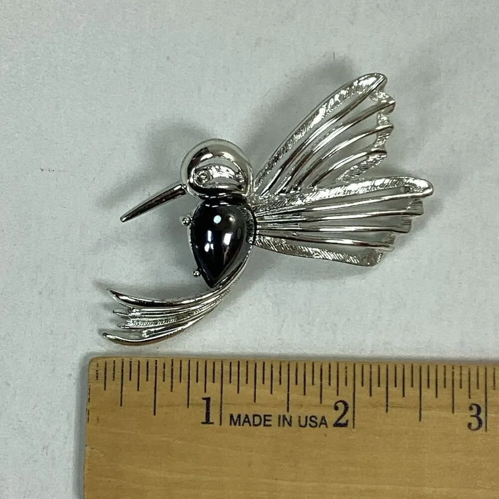 Vtg Judy Lee Hummingbird Brooch Silver Tone Black Polished Stone Bird Pin Signed